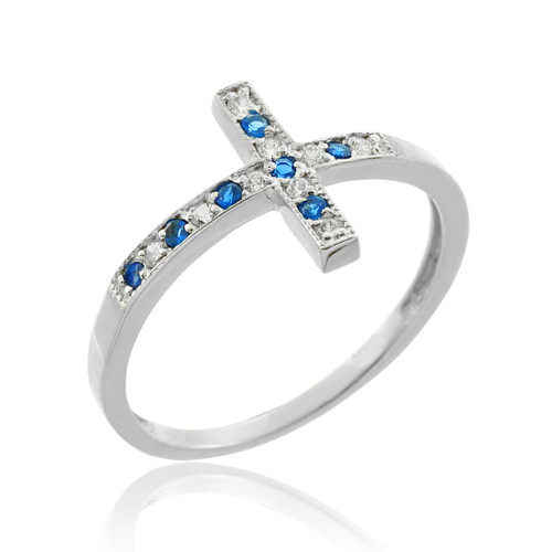 Silver Sideways Cross CZ Ring with Blue Zirconia