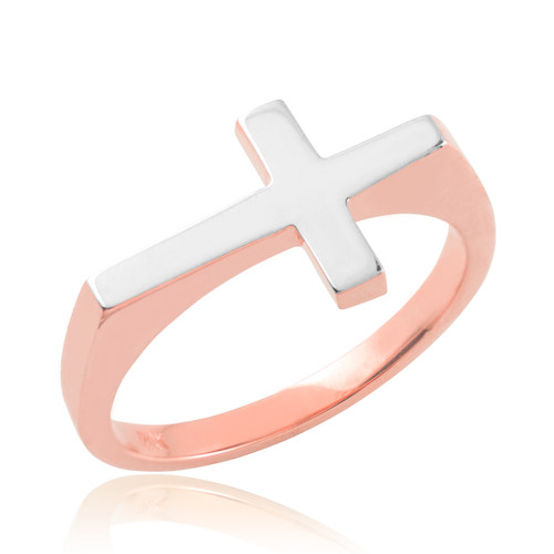 Two-tone Solid Rose Gold Flat Top Sideways Cross Ring