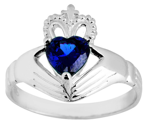 Silver Claddagh Ladies Ring with Saphire