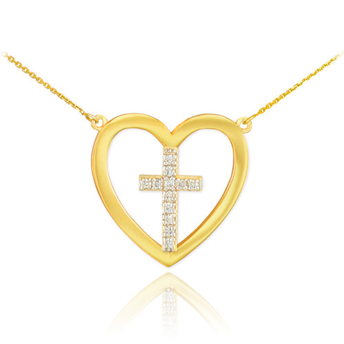 14K Gold Open Heart Diamond Cross Necklace