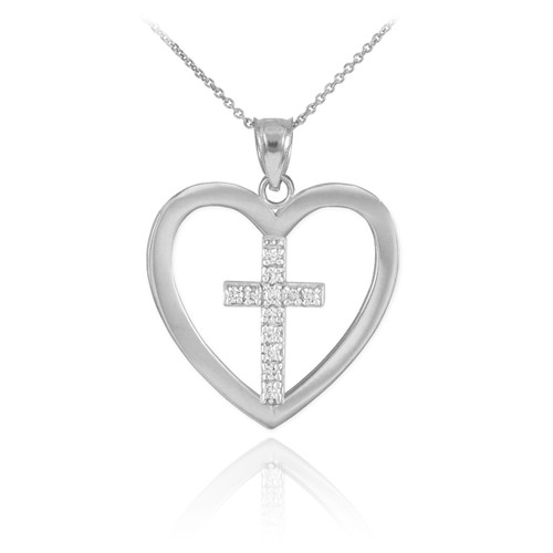White Gold Open Heart Diamond Cross Pendant Necklace