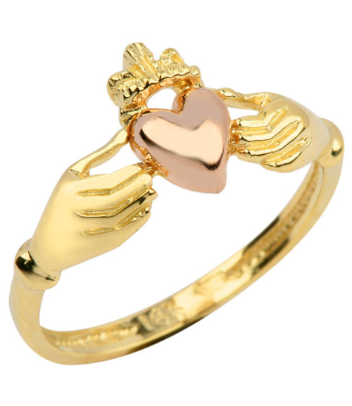 Gold Claddagh Ring Ladies with Pink Heart.  Available in your choice of 14k or 10k gold.