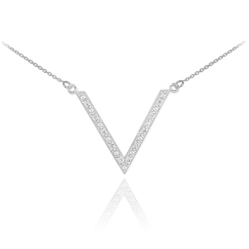 14K White Gold Diamond Studded V Necklace