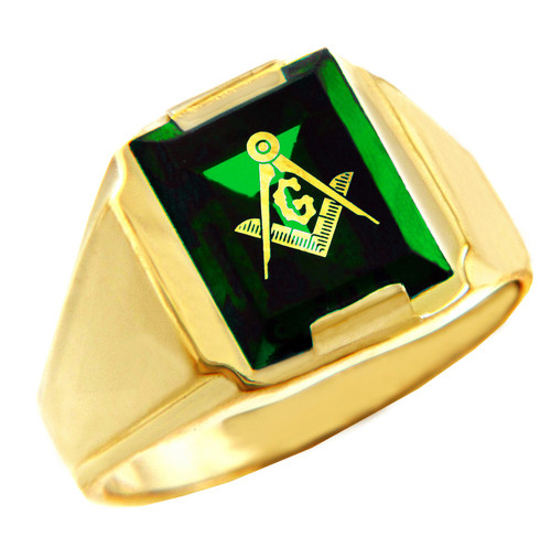 Freemason Green Stone Square & Compass Gold Masonic Mens Ring