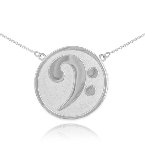 14k Solid White Gold Textured Bass F-Clef Necklace