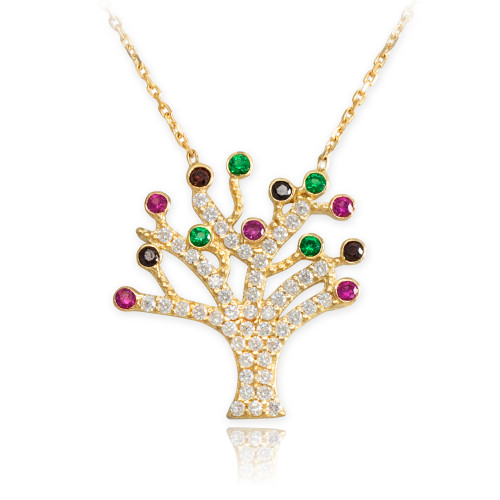 14K Gold Multicolor CZ Pave Tree of Life Adjustable Necklace