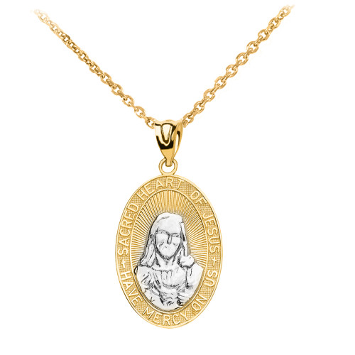 Yellow Gold Two-Tone Small Sacred Heart Of Jesus Pendant Necklace