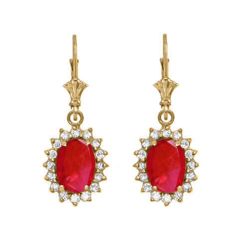 Diamond And July Birthstone Ruby Yellow Gold Dangling Earrings