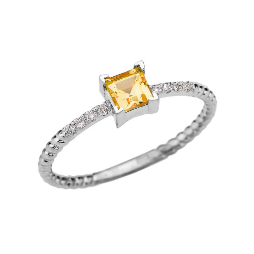Dainty White Gold Solitaire Princess Cut Citrine and Diamond Rope Design Engagement/Promise Ring
