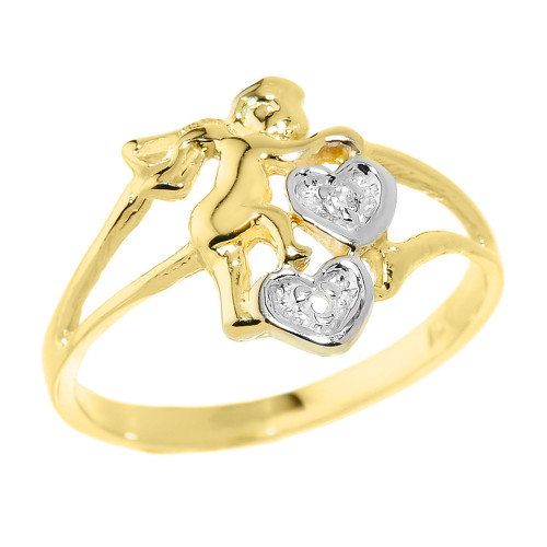 Yellow Gold Angel with Diamond and Hearts Ladies Ring