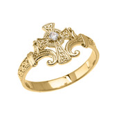 Yellow Gold Solitaire Cubic zirconia Celtic Cross With Trinity Design Elegant Ring