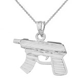 Solid White Gold Diamond Cut Gun Rifle Pendant Necklace