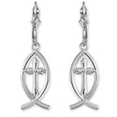 White Gold Ichthus Cross Earrings