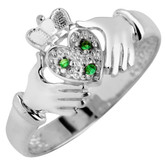 Silver Claddagh Ladies Ring with Emeralds