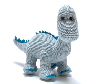 Knitted Organic Cotton Blue Diplodocus Dinosaur Baby Rattle.