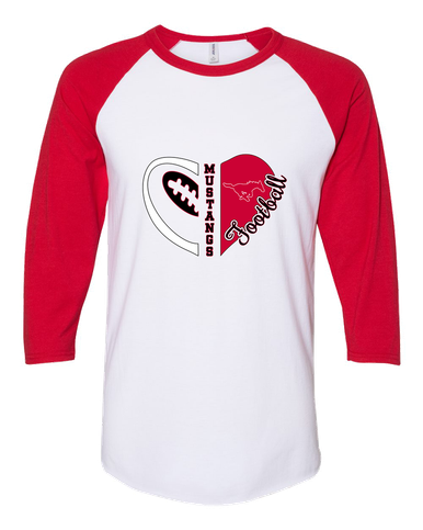 Memorial Mustangs Heart Football Women's Baseball T-Shirt