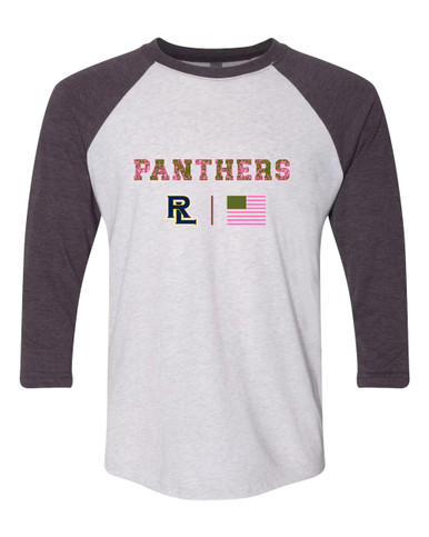 Round Lake Panthers RL Script Pink Camo Flag Women's Baseball T-Shirt