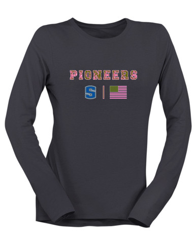 Stillwater Pioneers Pink Camo Flag Women's LS T-Shirt