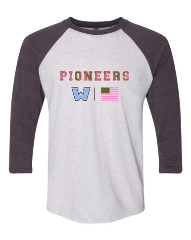 Watauga Pioneers Pink Camo Flag Women's Baseball T-Shirt