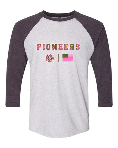Cupertino Pioneers Pink Camo Flag Women's Baseball T-Shirt