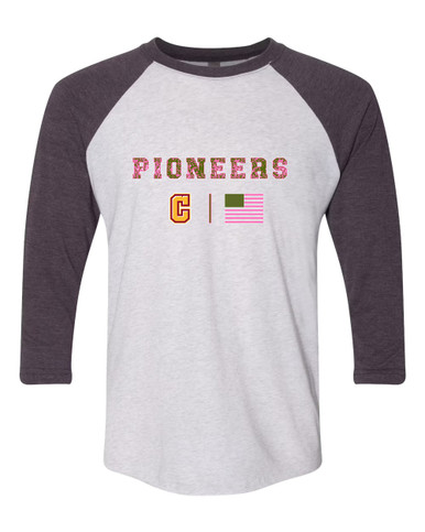 Cupertino Pioneers C Script Pink Camo Flag Women's Baseball T-Shirt