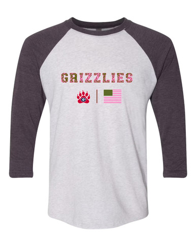 Grassfield Grizzlies Pink Camo Flag Women's Baseball T-Shirt