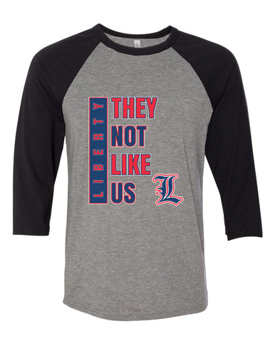 Liberty Patriots L Script They Not Like Us #1 Women's Baseball T-Shirt