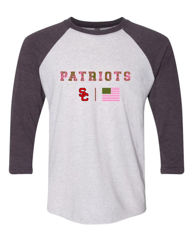 Sandy Creek Patriots SC Script Pink Camo Flag Women's Baseball T-Shirt