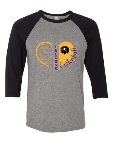 Monroe Falcons Front View Heart Volleyball Women's Baseball T-Shirt