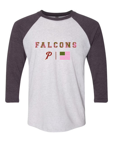 Prairie Falcons P Script Pink Camo Flag Women's Baseball T-Shirt