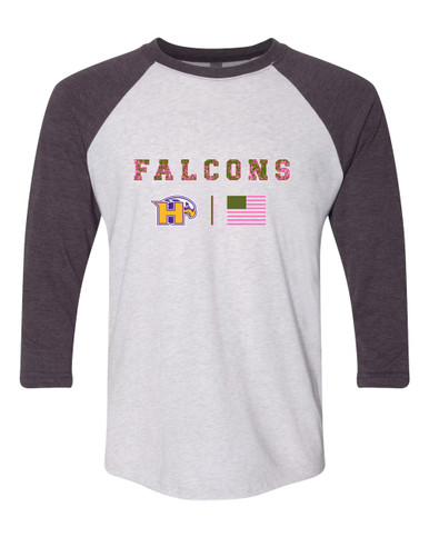 Hanford Falcons Pink Camo Flag Women's Baseball T-Shirt