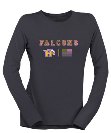 Hanford Falcons Pink Camo Flag Women's LS T-Shirt