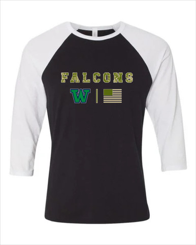 Woodinville Falcons W Script Camo Flag Women's Baseball T-Shirt