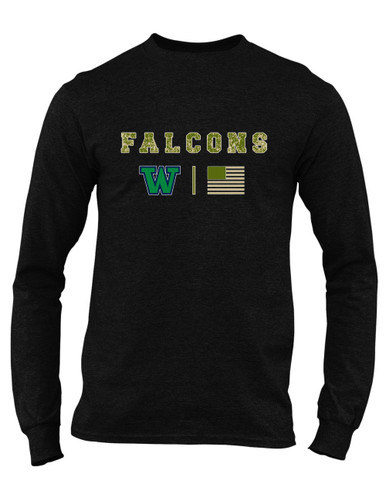 Woodinville Falcons W Script Camo Flag Men's LS T-Shirt