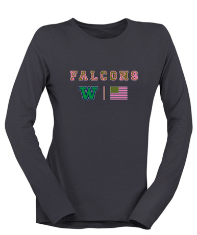 Woodinville Falcons W Script Pink Camo Flag Women's LS T-Shirt