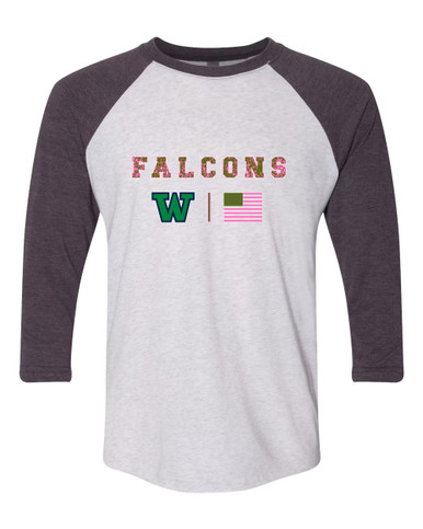 Woodinville Falcons W Script Pink Camo Flag Women's Baseball T-Shirt