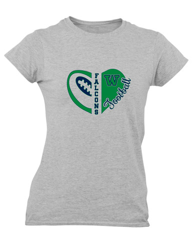 Woodinville Falcons W Script Heart Football Women's SS T-Shirt