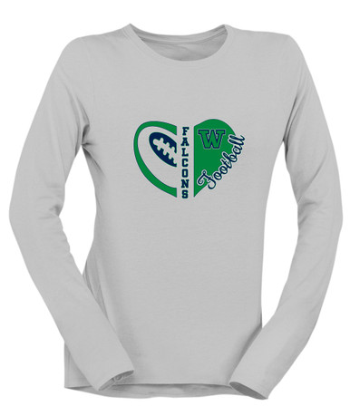 Woodinville Falcons W Script Heart Football Women's LS T-Shirt