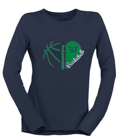 Woodinville Falcons W Script Heart Basketball Women's LS T-Shirt