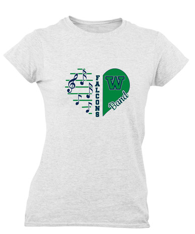 Woodinville Falcons W Script Heart Band Women's SS T-Shirt