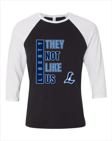 Liberty Falcons L Script They Not Like Us #1 Women's Baseball T-Shirt