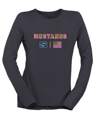 Sachse Mustangs Pink Camo Flag Women's LS T-Shirt