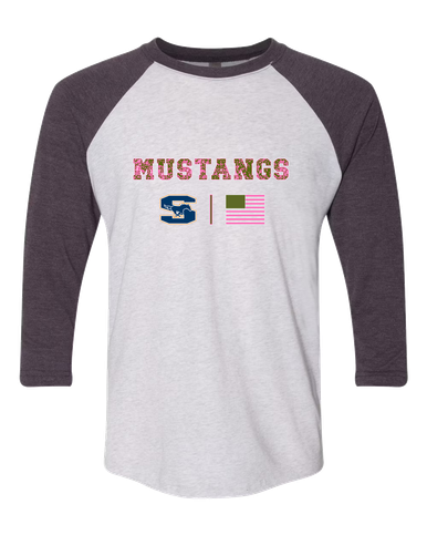 Sachse Mustangs Pink Camo Flag Women's Baseball T-Shirt