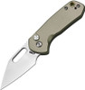 CJRB Mini Pyrite Button Lock - Green. Satin finish AR-RPM9 stainless Wharncliffe blade.