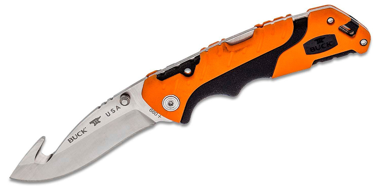 Buck 660 Large Pursuit Pro Folding Knife 3.5" S35VN Stainless Steel Guthook, Orange GRN and Rubber Handles, Polyester Sheath