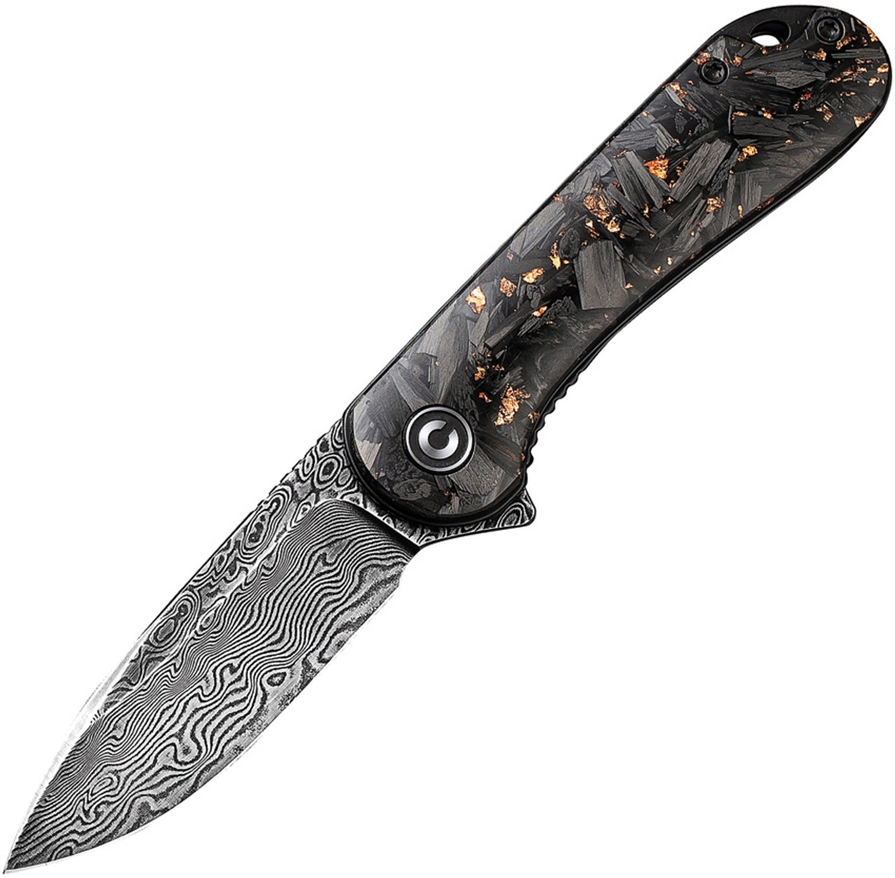  Civivi Elementum Linerlock. Copper shred in clear resin and shredded carbon fiber handle.