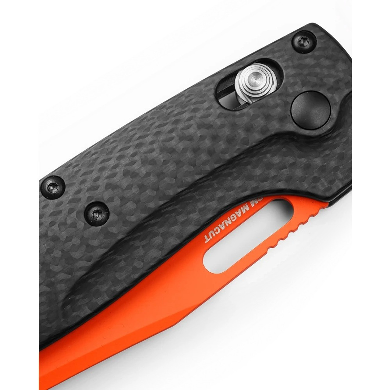 Benchmade 15535OR-01 Taggedout Axis Folding Knife. New Orange Cerakote CPM-MagnaCut Blade, Carbon Fibre Scales