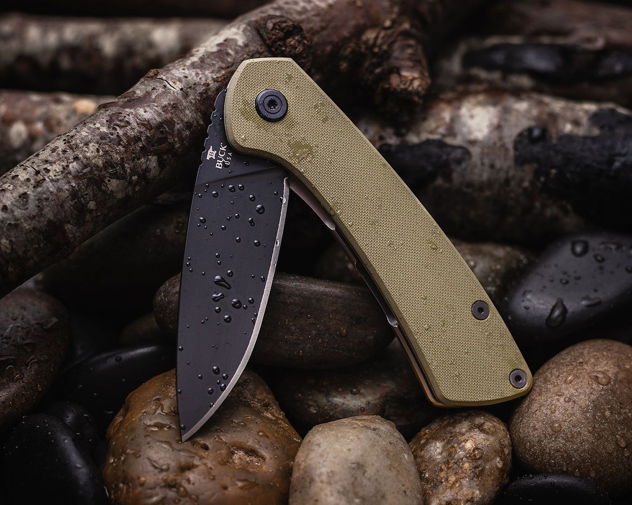 Buck Knives 040GRS Onset Flipper Knife 3.325" S45VN Black Cerakote Drop Point Blade, OD Green G10 Handles, Frame Lock