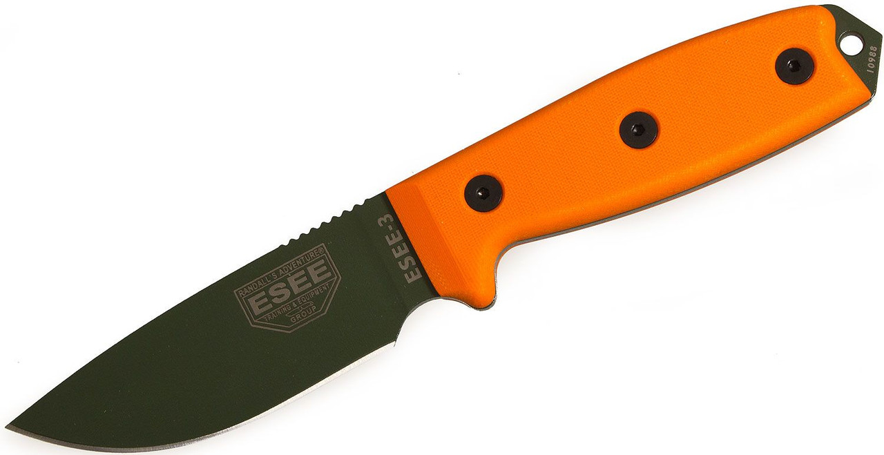 ESEE Knives ESEE-3P-MB-OD OD Green Plain Edge, Orange G10 Handles, Black Sheath, MOLLE Back and Clip Plate