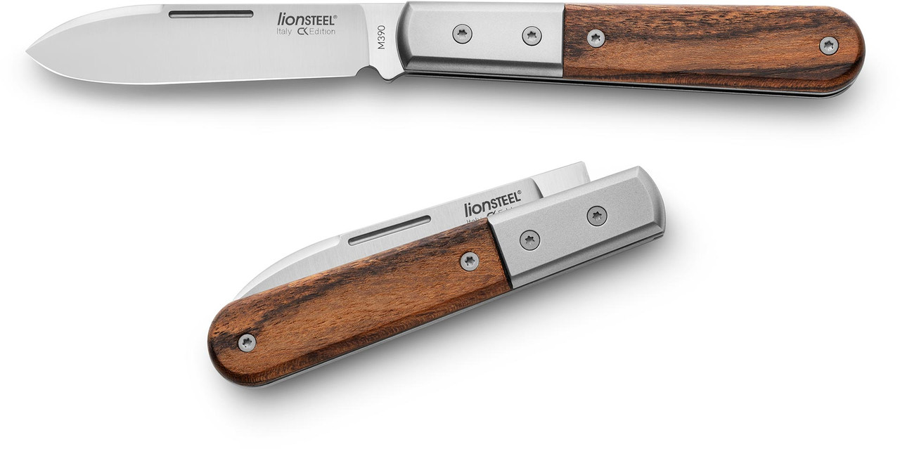 LionSTEEL Barlow - Blade style: Roundhead - Blade steel: M390 sintered steel - Bolster: Grey titanium - Handle: Santos wood